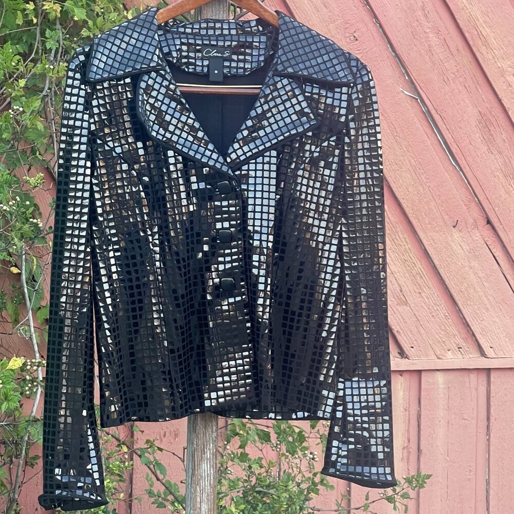 Women's Medium Clara S. Black Brilliant Reflective Button Down Festive Blazer